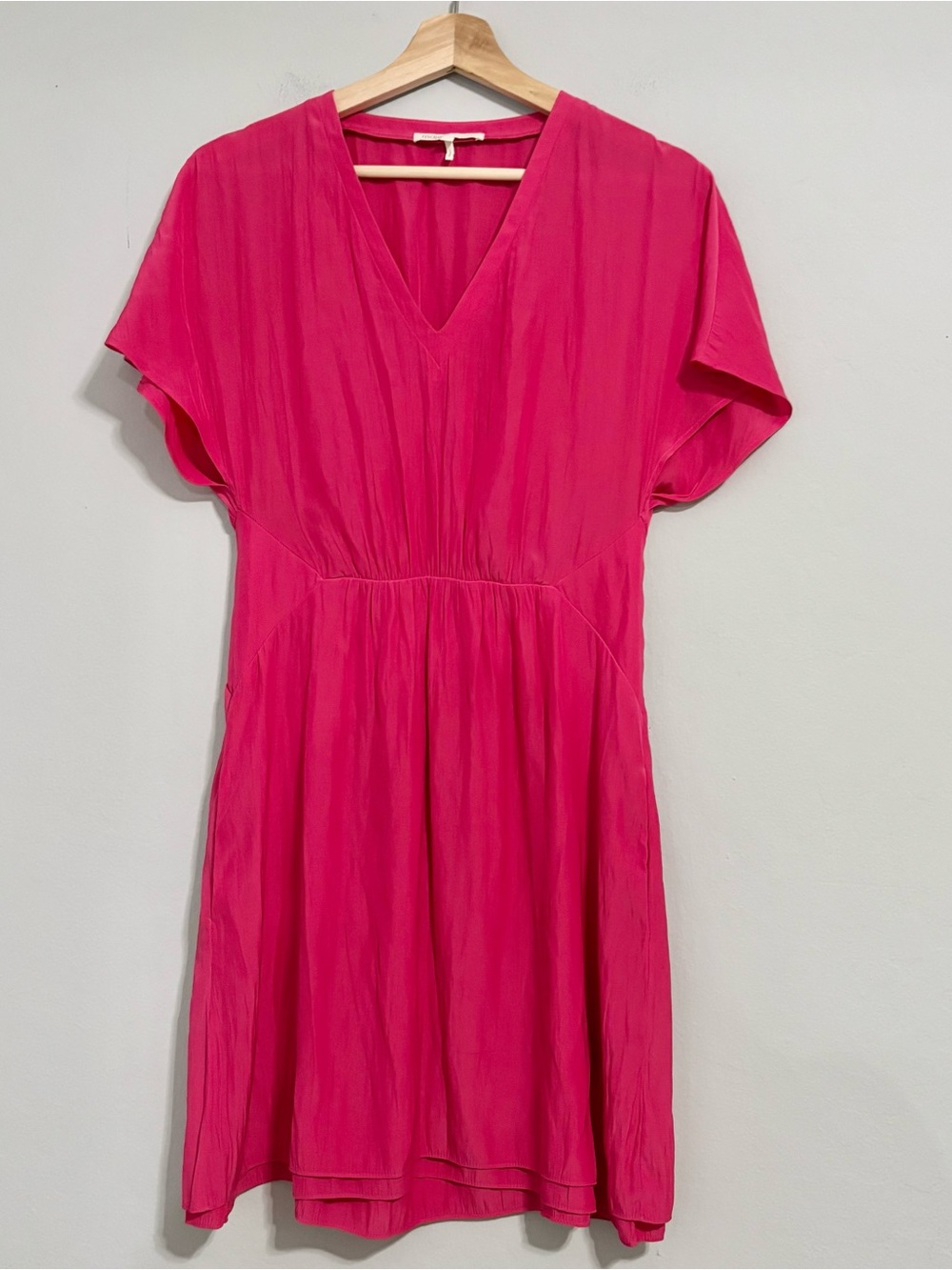New MAJE Hot Pink Silky Mini Dress V Neck